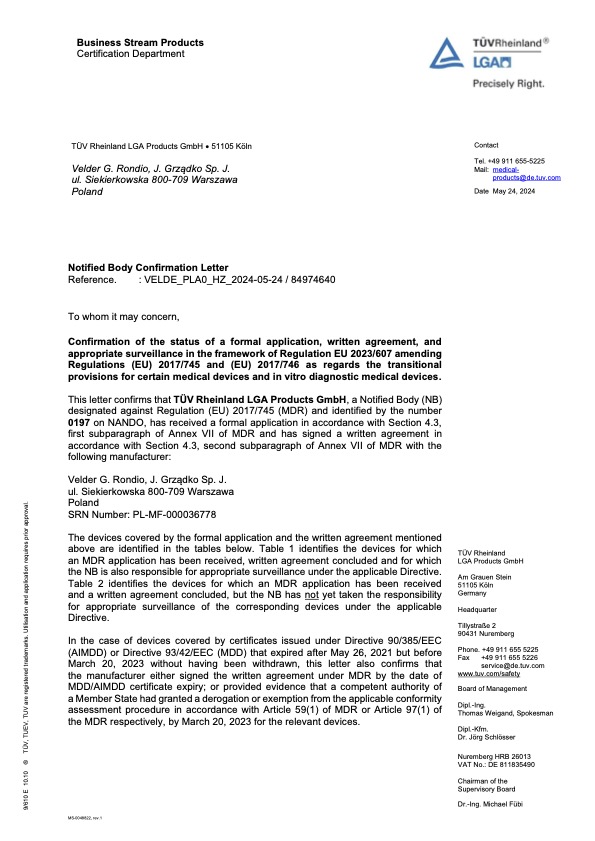 Pierwsza strona dokumentu Potwierdzenie aplikacji MDR